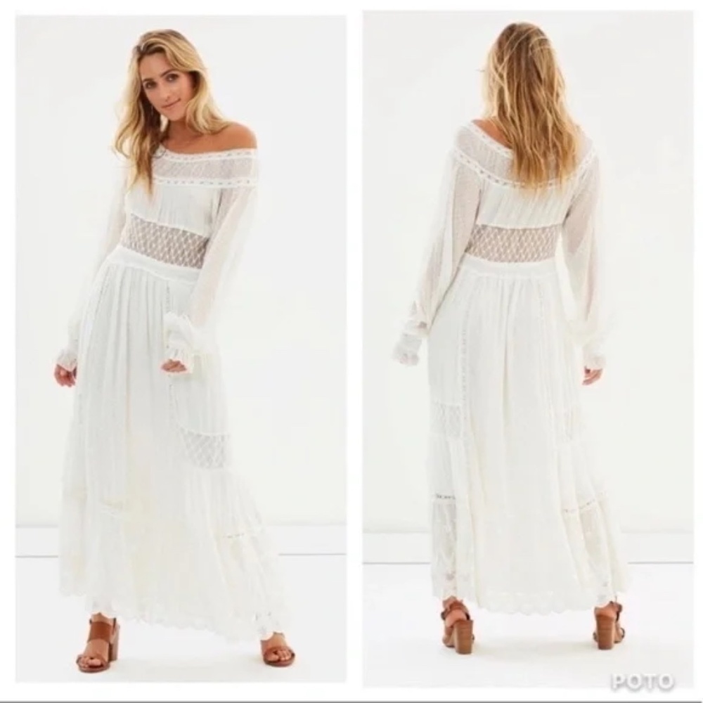 Free People Tina Lace Ivory Smocked Peasant Maxi Dress Size Small - Picture 1 of 6